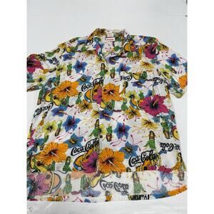 Vtg Official Coca Cola Hawaiian Camp Shirt All Over Print Hula Girls Hibiscus M